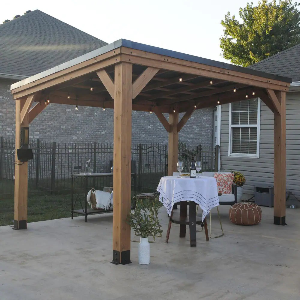 Arcadia 12 Ft. X 9 Ft. 6 In. Brown Gazebo with Hard Top Steel Roof